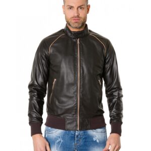 1066 dark brown colour perfored leather bomber jacket smooth aspect 6