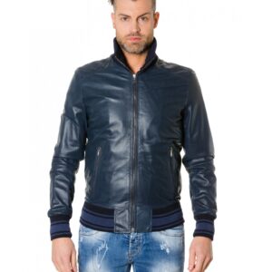bomber blue colour perforated leather jacket bicoloured collar 7