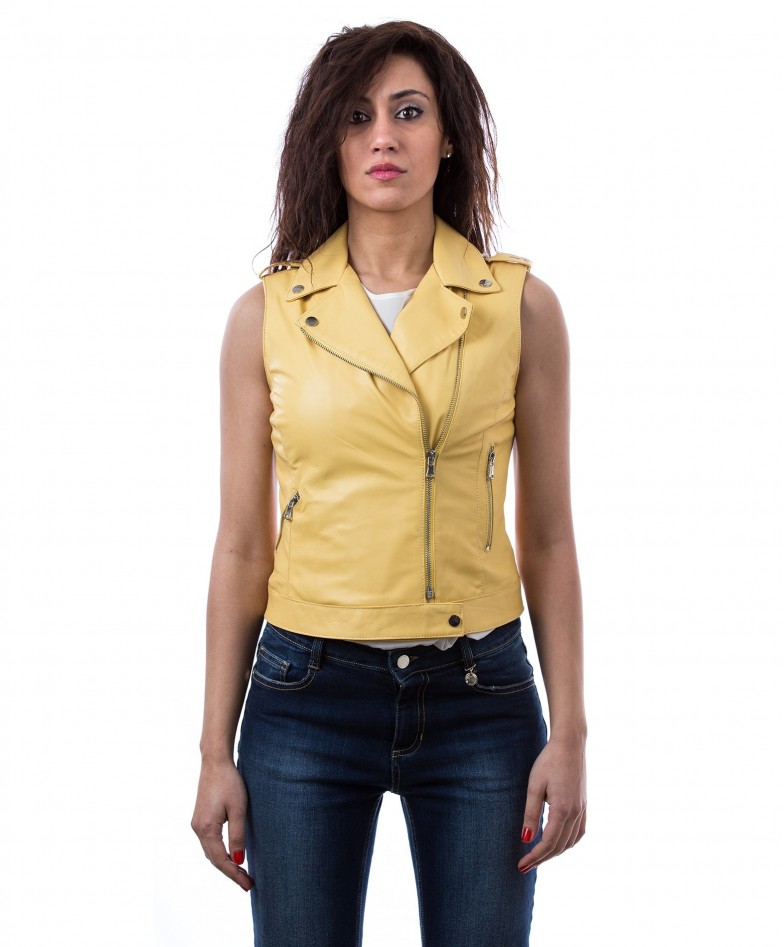 canary yellow real lambskin sleeveless biker jacket artisan gilet edition