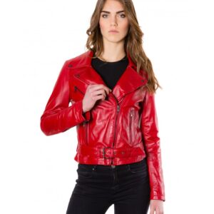 chiodo in pelle da donna modello biker zip trasversale colore rosso sandy 6