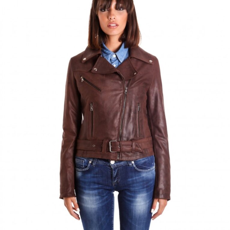 chiodo in pelle donna modello biker zip trasversale colore marrone nabuk sandy 5