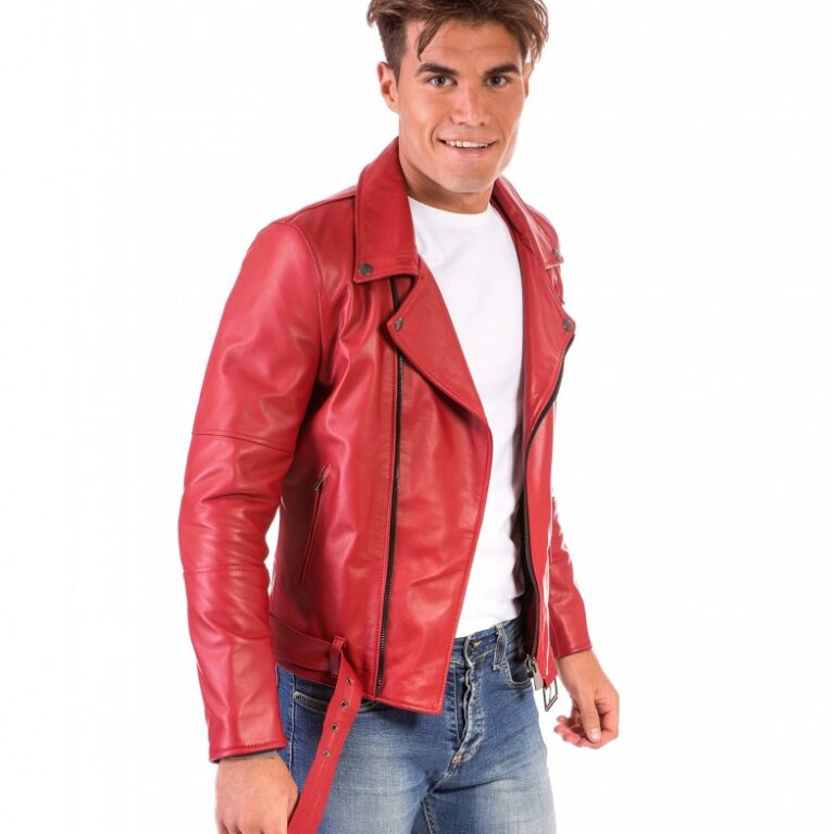 chiodo in pelle uomo modello biker chiodo con cerniera trasversale colore rosso perfecto 4 1
