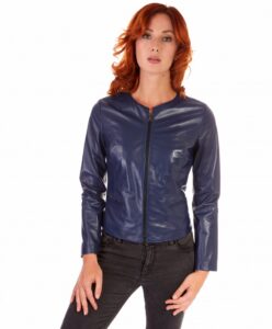 clear bluette color lamb leather round neck jacket 6
