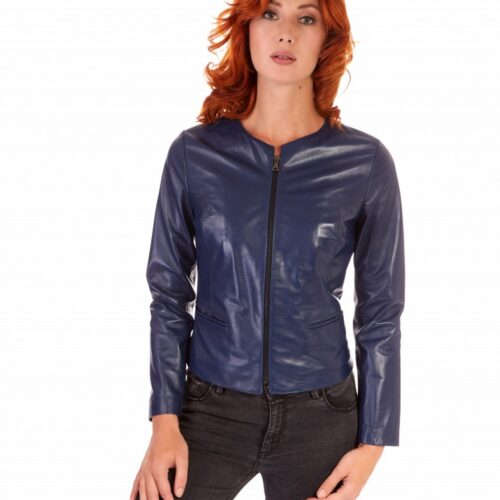 clear bluette color lamb leather round neck jacket 6