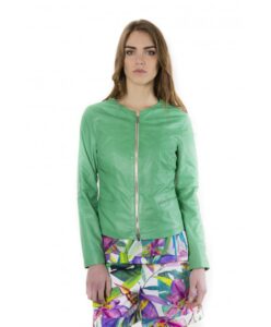 clear green color lamb leather round neck jacket 5
