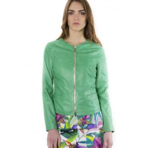 clear green color lamb leather round neck jacket 5
