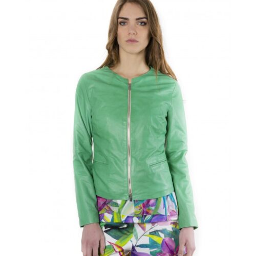 clear green color lamb leather round neck jacket 5