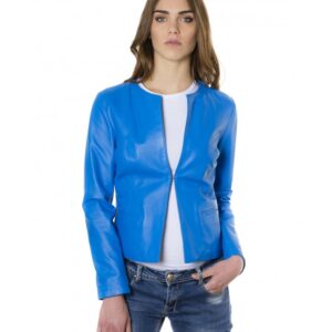 clear sky blue color lamb leather round neck jacket 6