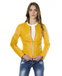 clear yellow color lamb leather round neck jacket 6