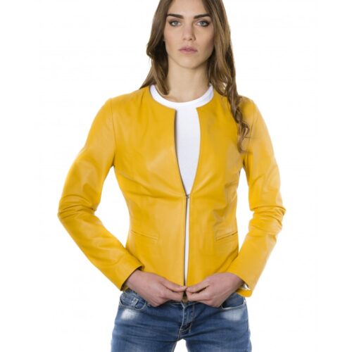 clear yellow color lamb leather round neck jacket 6