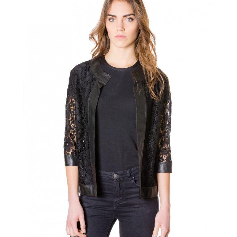 emma pizzo black colour woman lace jacket with leather edges 5