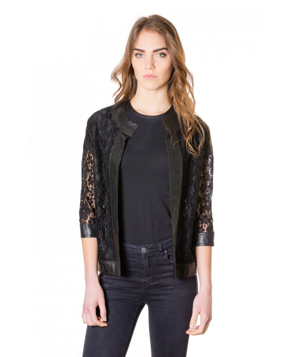 emma pizzo black colour woman lace jacket with leather edges 5