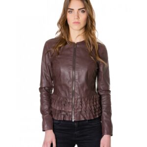 f105 green color nappa lamb leather rouches jacket smooth effect