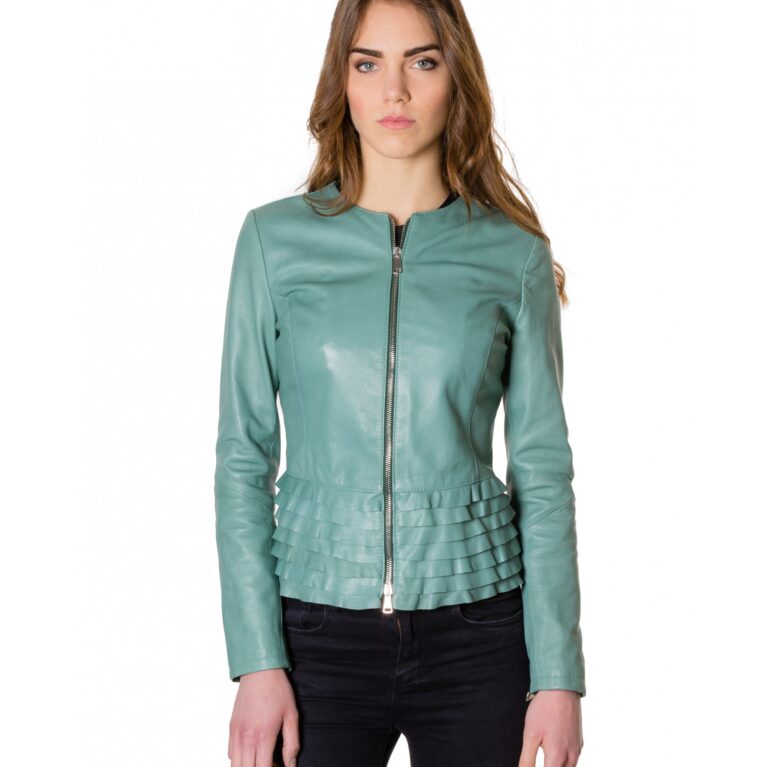 f105 green color nappa lamb leather rouches jacket smooth effect 5