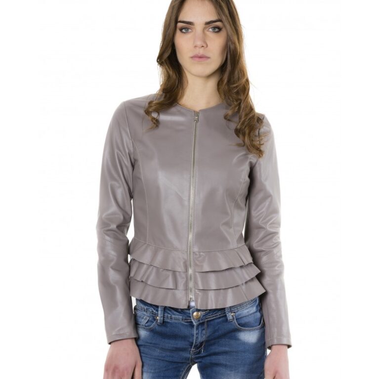 f105bl grey color nappa lamb leather jacket with flounces 5