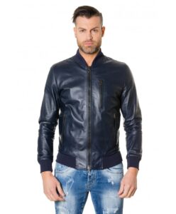 gaudil blue colour letaher bomber jacket smooth aspect 4