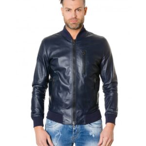 gaudil blue colour letaher bomber jacket smooth aspect 4