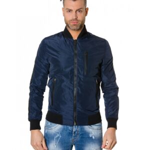 gaudil blue navy colour fabric bomber jacket with leather inserts 5