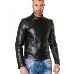 giacca in pelle chiodo trapuntata da uomo vera pelle effetto liscio modello biker colore nero raniero 5