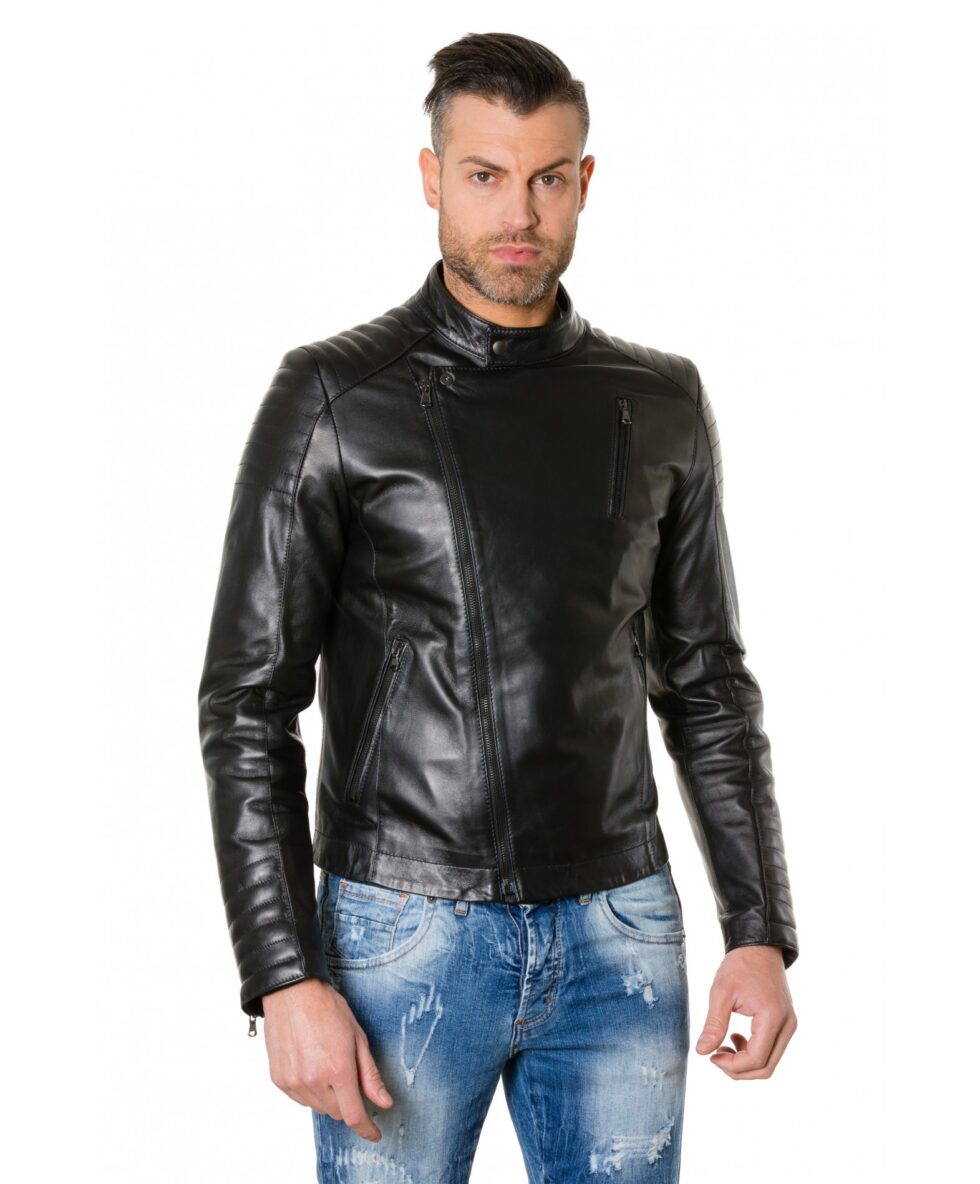 giacca in pelle chiodo trapuntata da uomo vera pelle effetto liscio modello biker colore nero raniero 5
