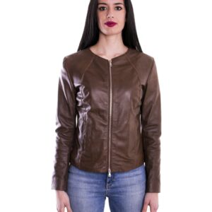 giacca in pelle comfort fit da donna con zip centrale e girocollo marrone p151 6