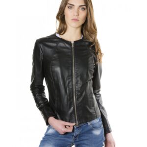 giacca in pelle comfort fit da donna con zip centrale e girocollo nero p151 1 2