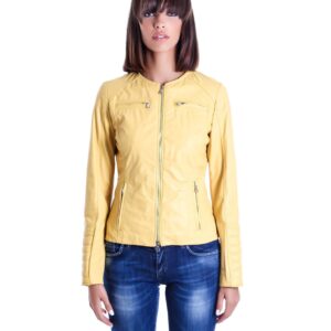 giacca in pelle da donna modello chiodo biker trapuntata e girocollo giallo m890 5
