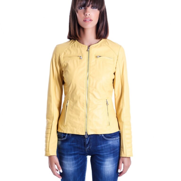giacca in pelle da donna modello chiodo biker trapuntata e girocollo giallo m890 5