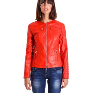 giacca in pelle da donna modello chiodo biker trapuntata e girocollo rosso m890 1 3