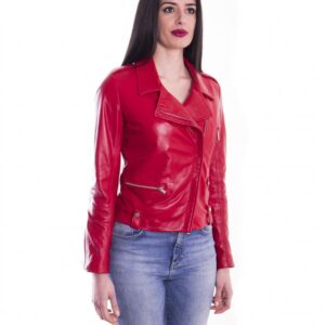 giacca in pelle da donna modello chiodo biker zip trasversale rosso barbara 4 1