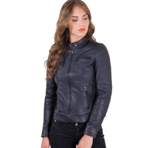 giacca in pelle da donna vera pelle biker con collo alla coreana colore blu giulia collezione donna autunno inverno 13