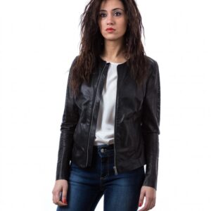 giacca in pelle da donna vera pelle con zip centrale e girocollo nero clear 4 3