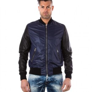 giacca in pelle da uomo con polsini e collo in cotone modello bomberino blu college collezione uomo d arienzo collezione