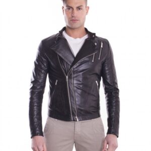 giacca in pelle da uomo modello chiodo con zip trasversale e nappa traforata colore nero sorby 1 2