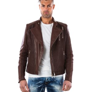 giacca in pelle da uomo modello chiodo con zip trasversale e nappa traforata colore nero sorby 5 1