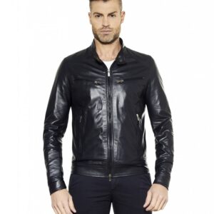 giacca in pelle da uomo vera pelle di agnello nappa modello biker collo mao colore blu hamilton 4