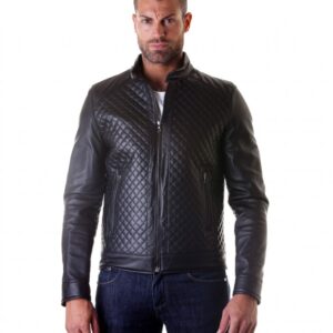giacca in pelle da uomo vera pelle nappa modello biker collo mao trapuntato colore nero modemiliany rombi 5