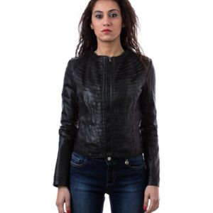 giacca in pelle donna con balze con zip centrale e girocollo nero click