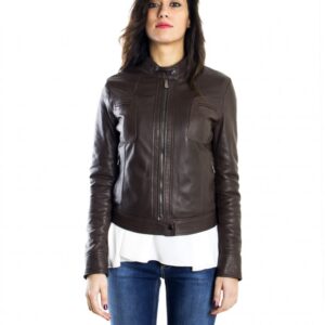 giacca in pelle donna modello biker con collo mao e taschini colore testa di moro 5