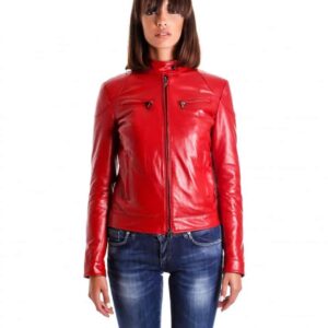 giacca in pelle donna modello chiodo biker con impunture rosso mia 6