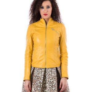 giacca in pelle donna trapuntata modello chiodo biker colore giallo geny collezione donna primavera estate 5