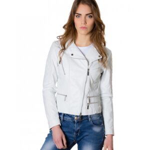 giacca in pelle donna trapuntata sulle spalle modello chiodo biker zip trasversale colore rosso nadia 5