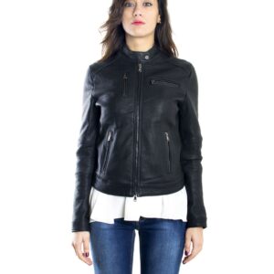 giacca in pelle donna vera pelle raggrinzita di agnello modello biker collo mao colore nero giulia