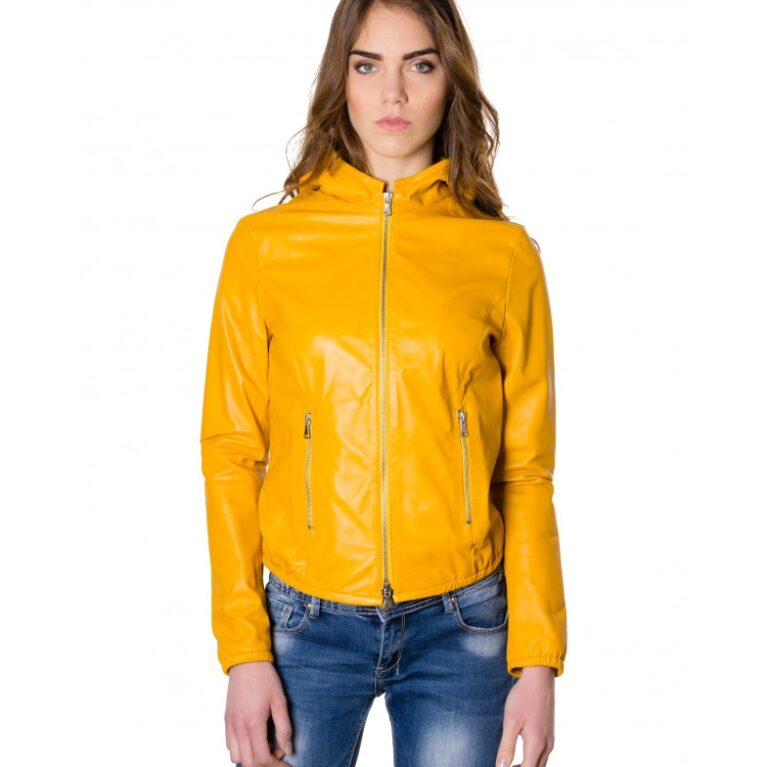 giacca in pelle kway donna con cappuccio gialla street 27 6