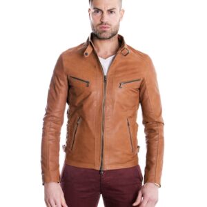 giacca in pelle modello biker con fibbia al collo e carre slim fit cuoio daniel 1 2