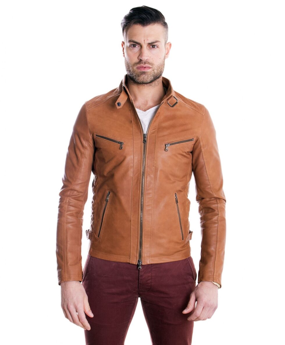 giacca in pelle modello biker con fibbia al collo e carre slim fit cuoio daniel 1 2