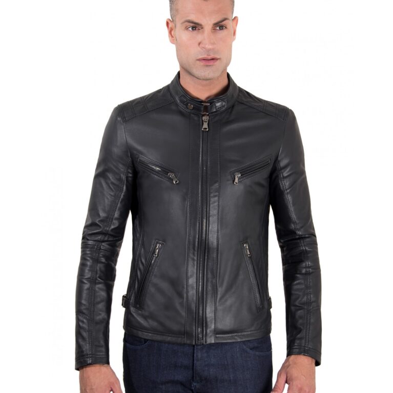 giacca in pelle modello biker con fibbia al collo e carre slim fit nera daniel 6