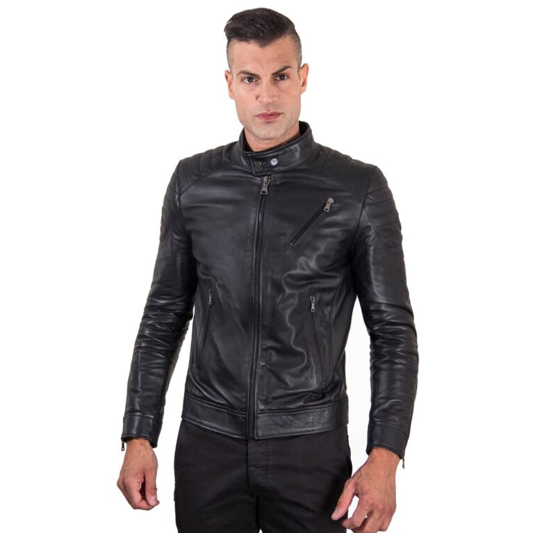 giacca in pelle uomo trapuntata vera pelle di agnello biker colore nero u411 7