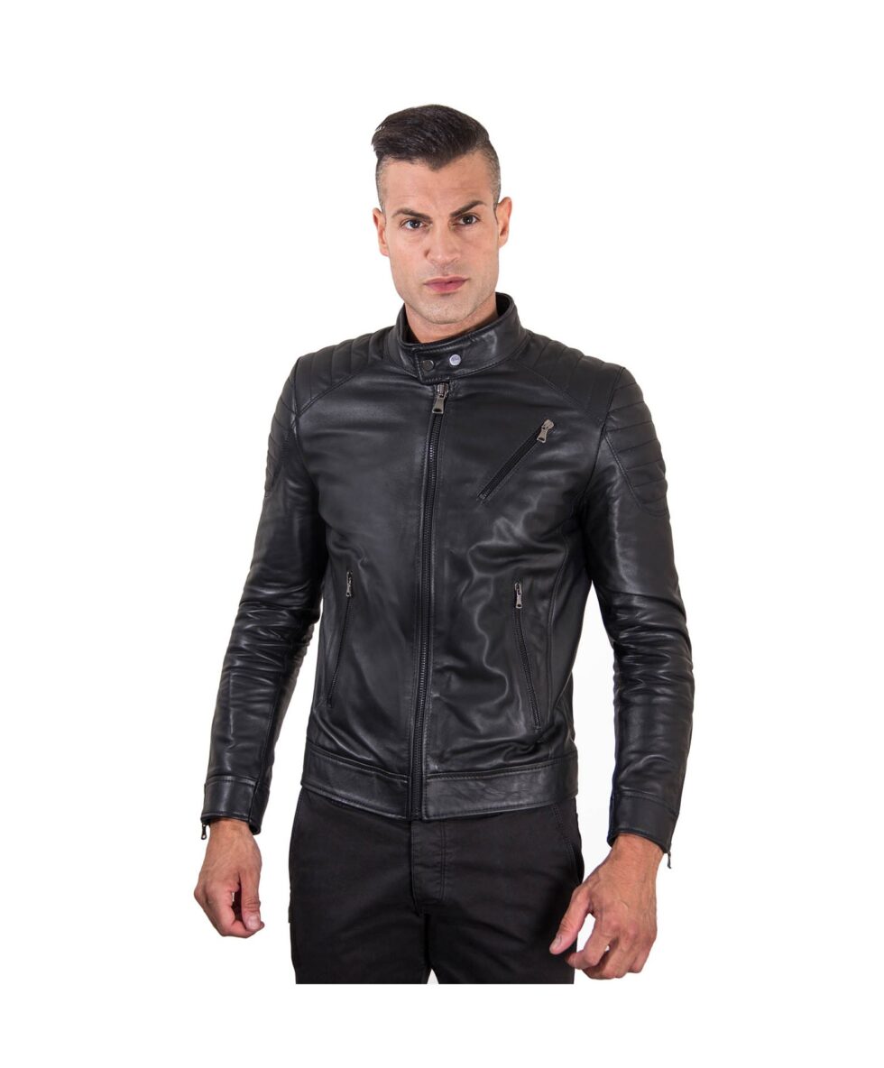 giacca in pelle uomo trapuntata vera pelle di agnello biker colore nero u411 7