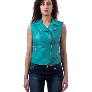 gilet in pelle donna chiodo biker zip trasversale verde collezione donna primavera estate 4
